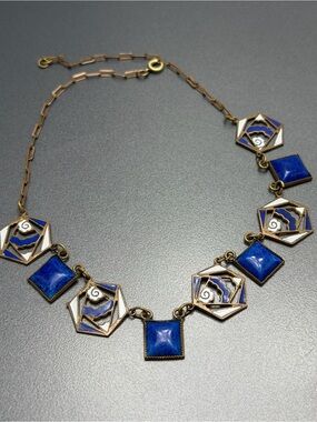 Vintage Champleve Enamel Blue  Art Deco Necklace